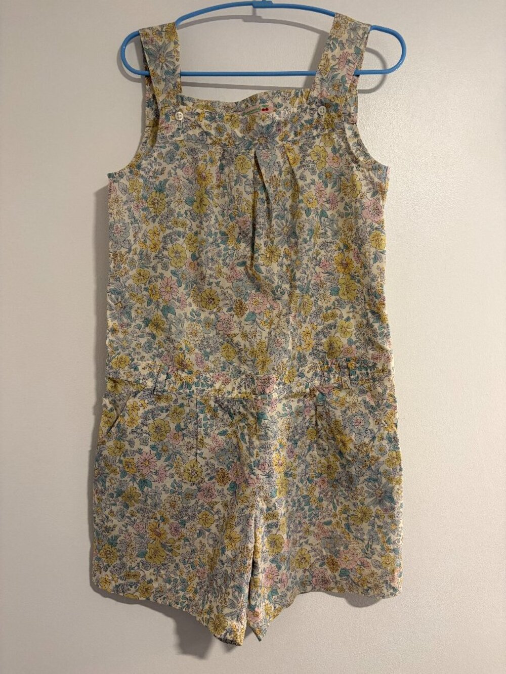 Bonpoint blue and yellow liberty print flower romper with pockets size 8